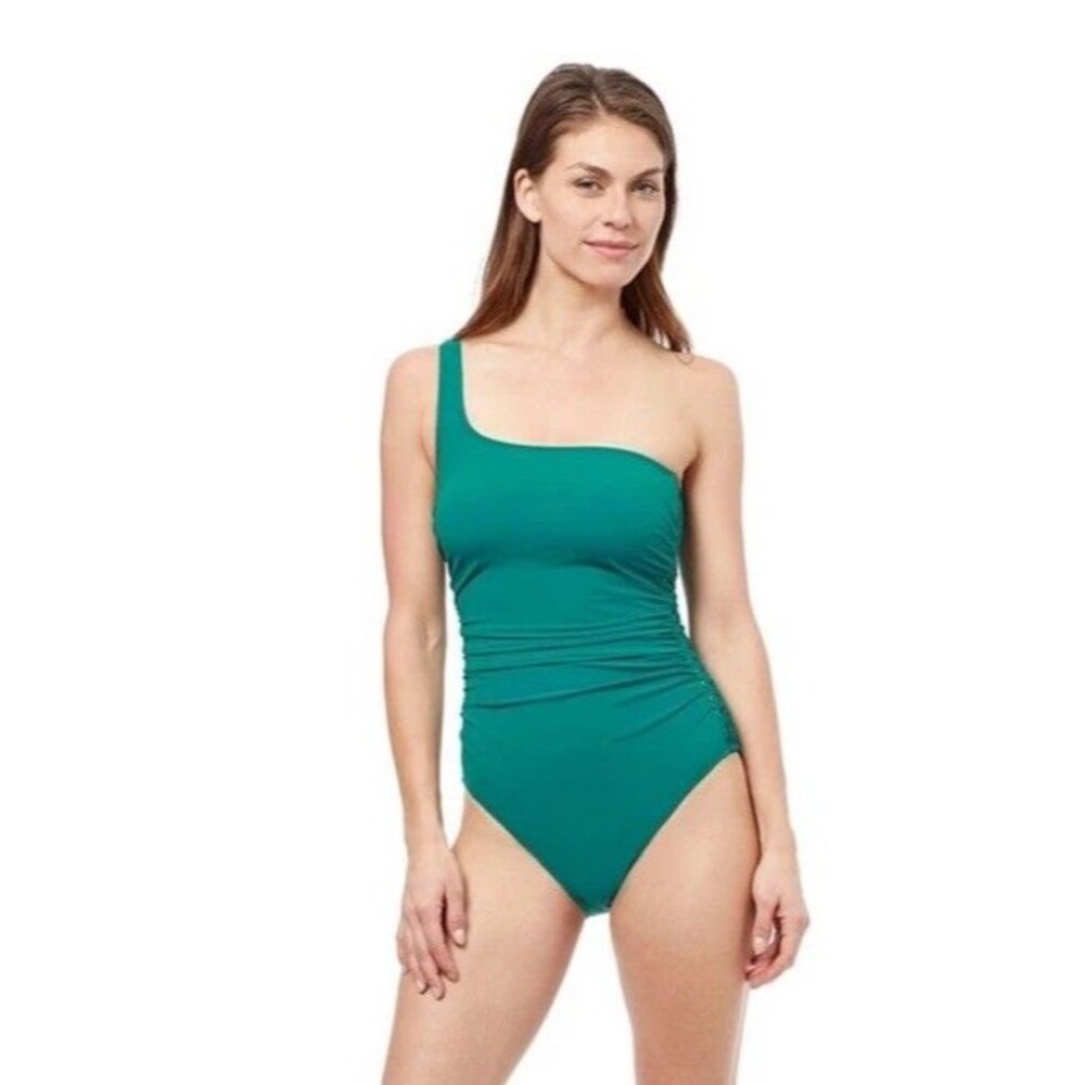 NWT Gottex Profile Swimsuit One Piece 8 Iota Green One Shoulder Slimming Ruched